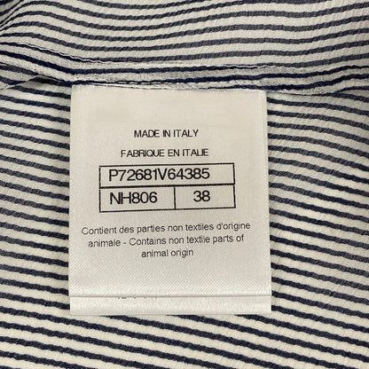 Chanel Short Sleeve Shirt Blouse 38 M Navy White Thistle Striped Ruffle Silk — view 4