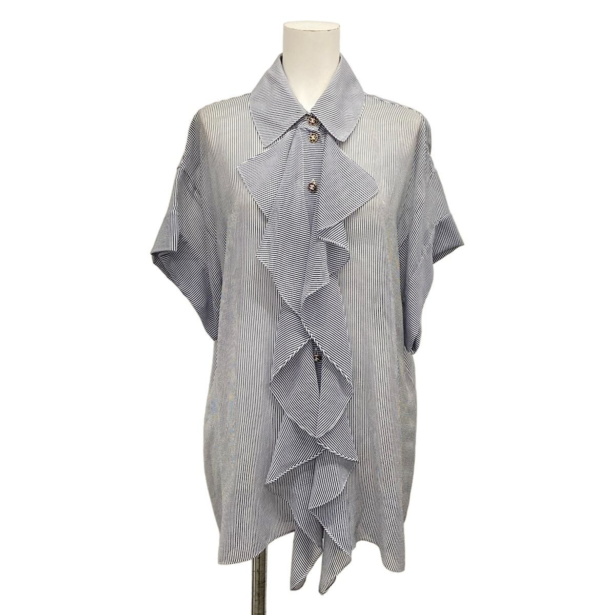 Chanel Short Sleeve Shirt Blouse 38 M Navy White Thistle Striped Ruffle Silk