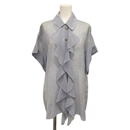 Chanel Short Sleeve Shirt Blouse 38 M Navy White Thistle Striped Ruffle Silk