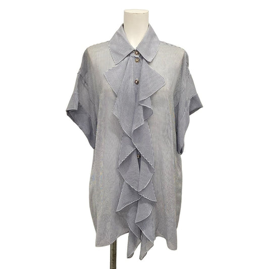 Chanel Short Sleeve Shirt Blouse 38 M Navy White Thistle Striped Ruffle Silk