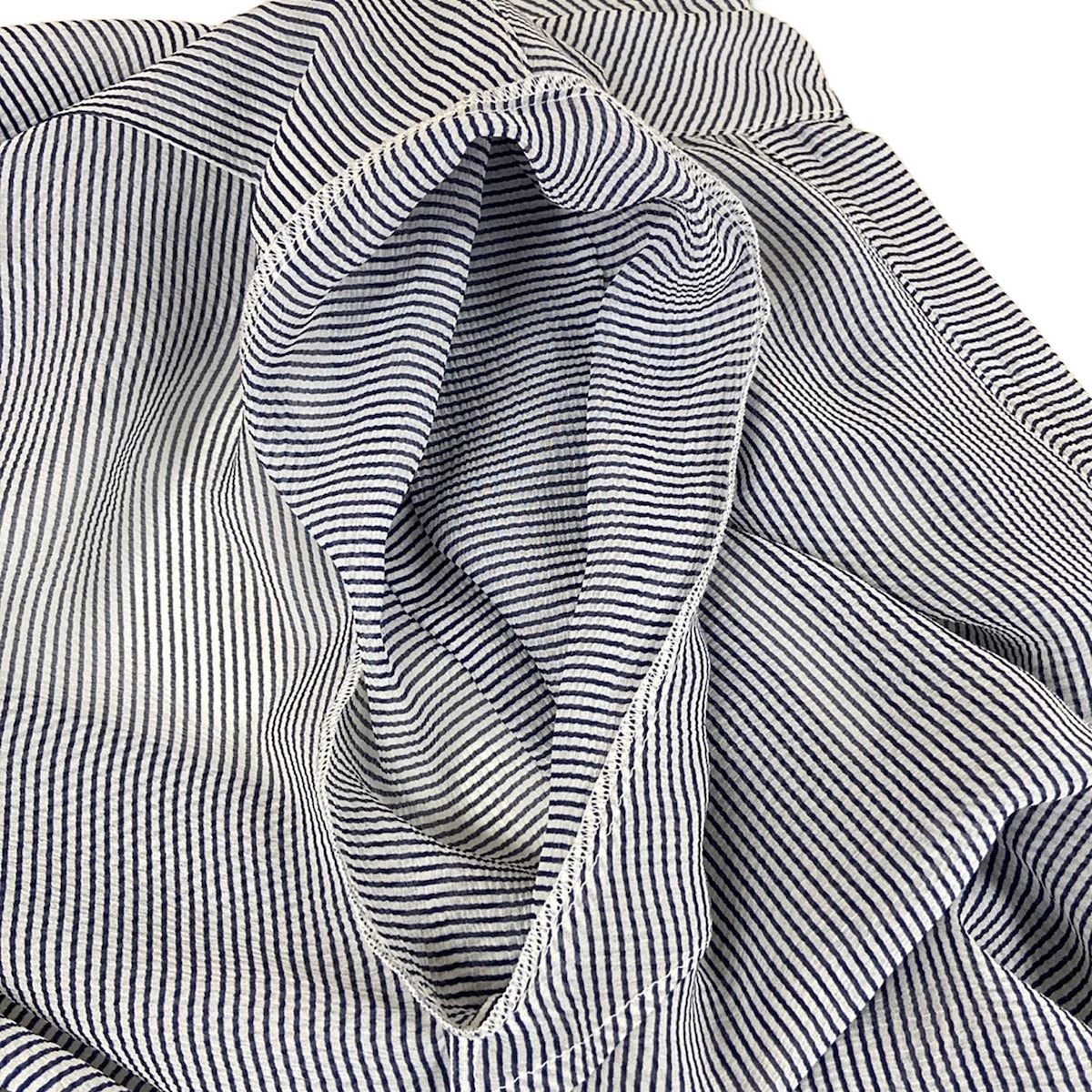 Chanel Short Sleeve Shirt Blouse 38 M Navy White Thistle Striped Ruffle Silk — view 9