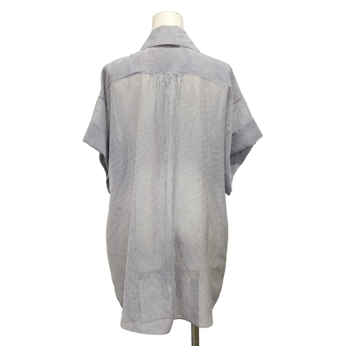 Chanel Short Sleeve Shirt Blouse 38 M Navy White Thistle Striped Ruffle Silk — view 2