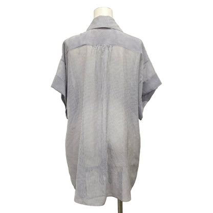 Chanel Short Sleeve Shirt Blouse 38 M Navy White Thistle Striped Ruffle Silk — view 2