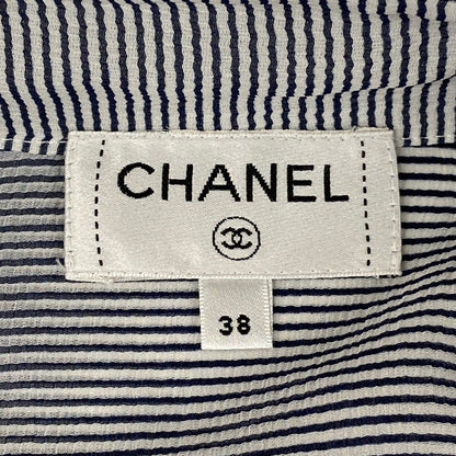 Chanel Short Sleeve Shirt Blouse 38 M Navy White Thistle Striped Ruffle Silk — view 3