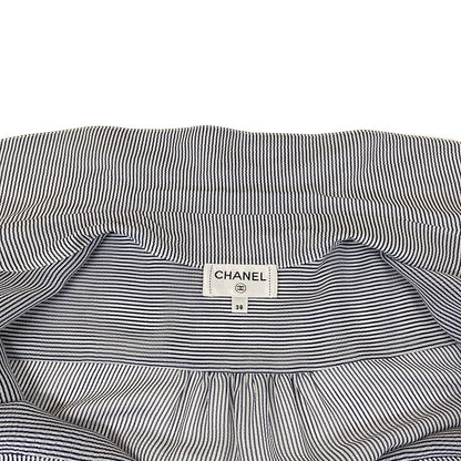 Chanel Short Sleeve Shirt Blouse 38 M Navy White Thistle Striped Ruffle Silk — view 8