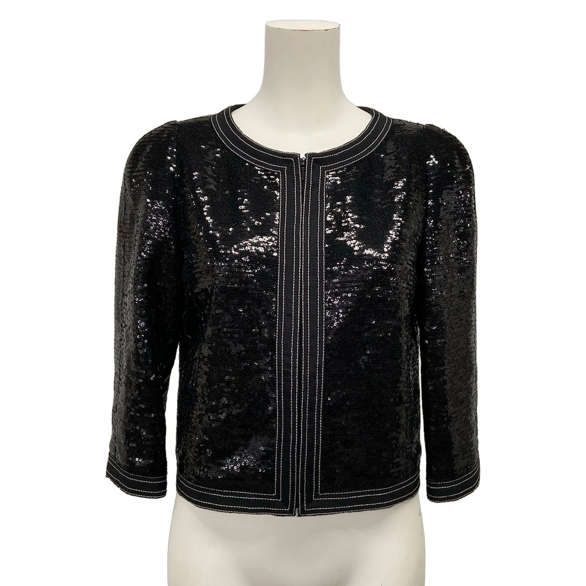 Chanel Jacket 38 Black 3/4 Sleeve Sequin Zip Up Spring Autumn Silk
