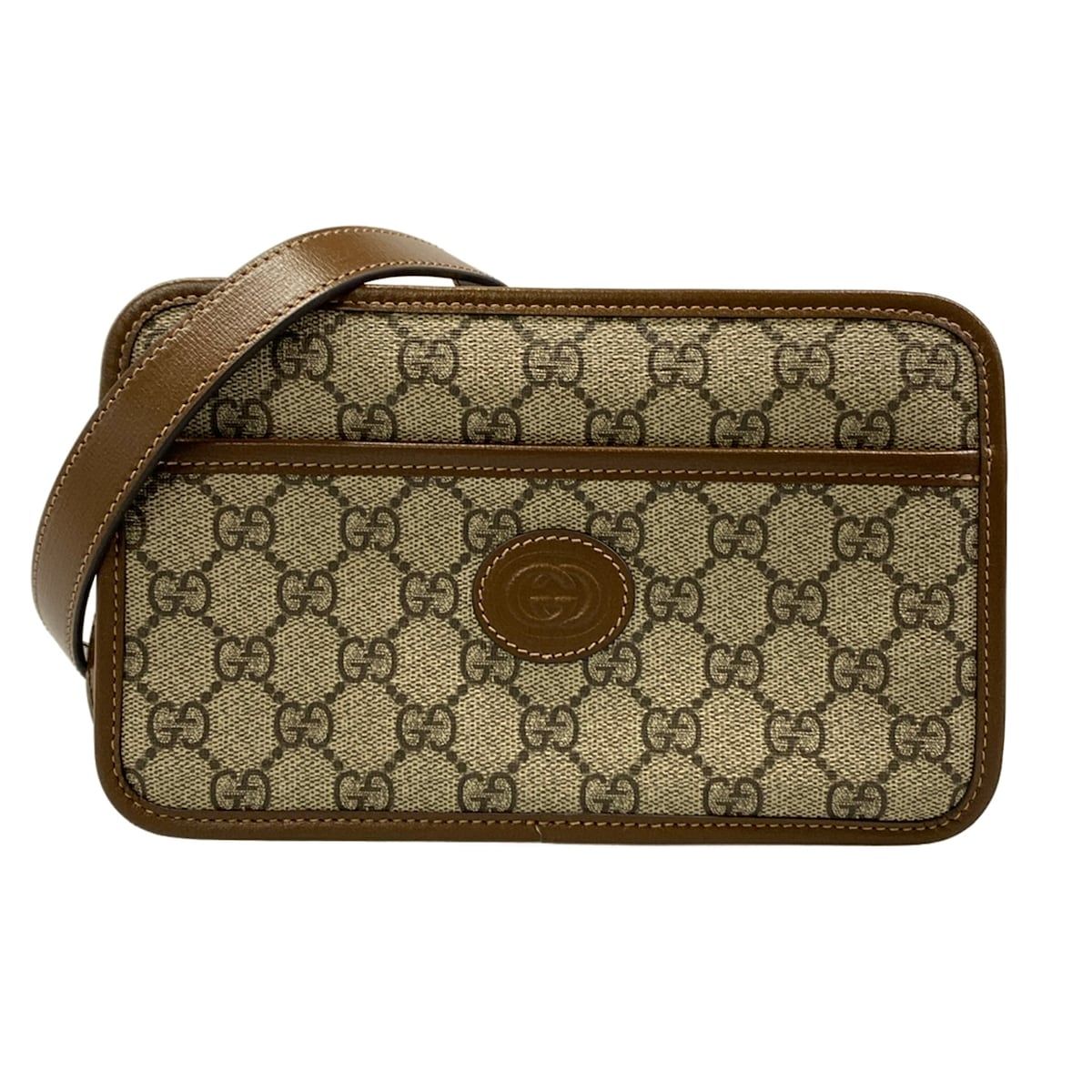 Gucci Shoulder Bag GG Supreme Beige Dark Brown Leather