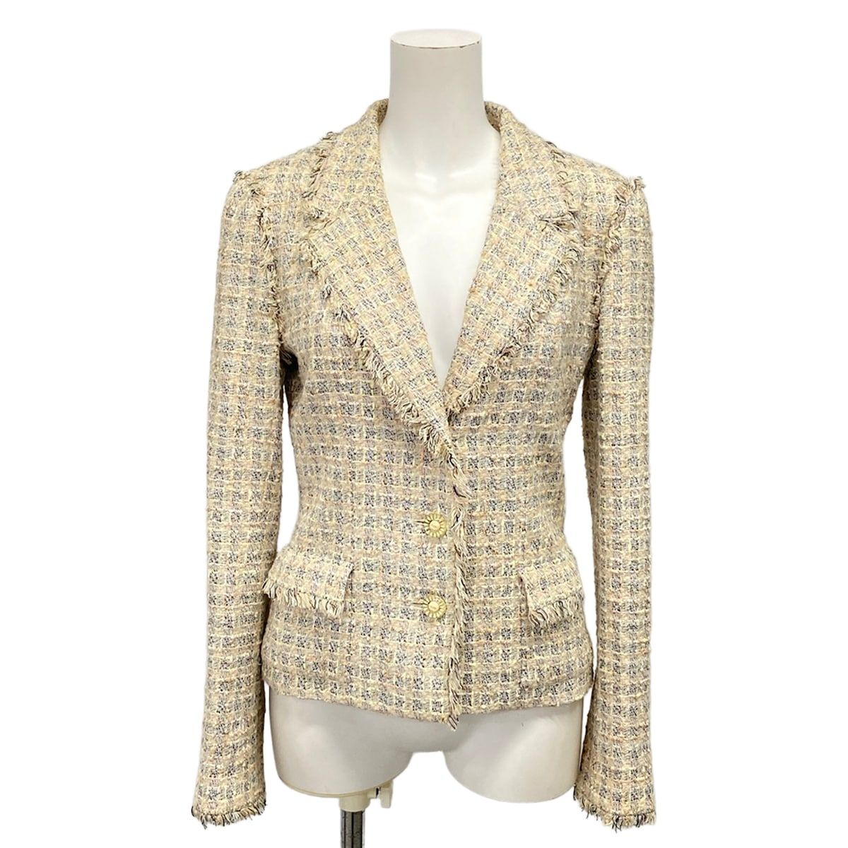 Chanel Jacket 38 M Beige Blue Multi Tweed CC Logo Button Long Sleeve Autumn