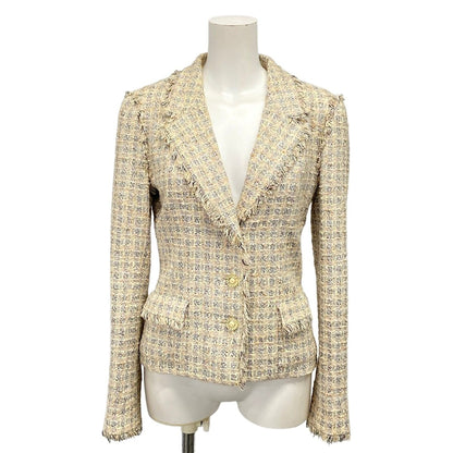 Chanel Jacket 38 M Beige Blue Multi Tweed CC Logo Button Long Sleeve Autumn