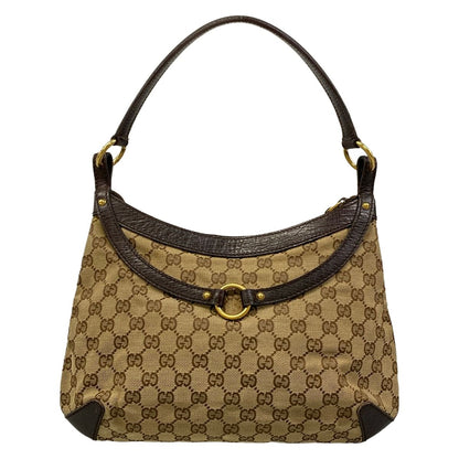 Gucci Shoulder Bag Horsebit GG Pattern Dark Brown Beige Leather — view 3