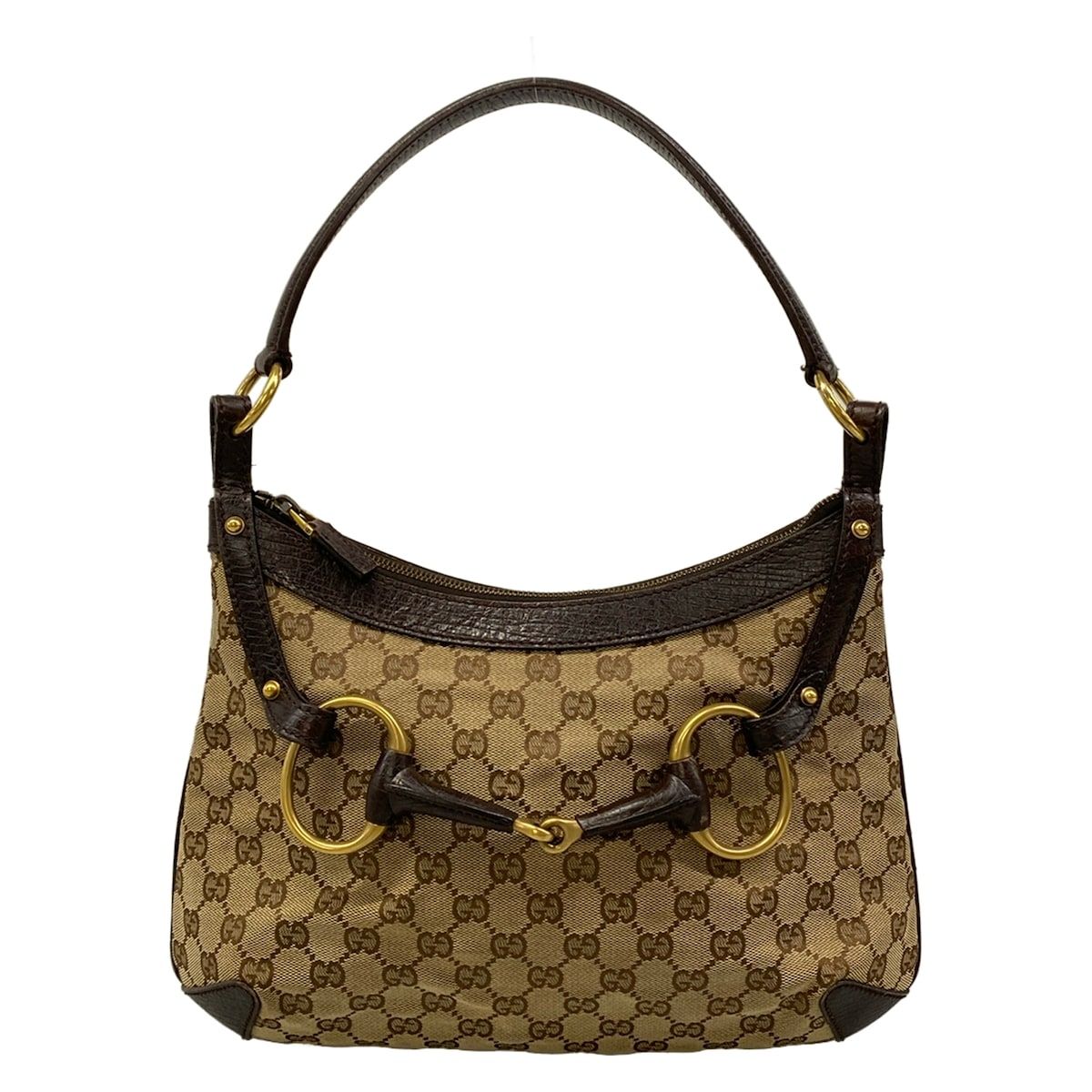 Gucci Shoulder Bag Horsebit GG Pattern Dark Brown Beige Leather