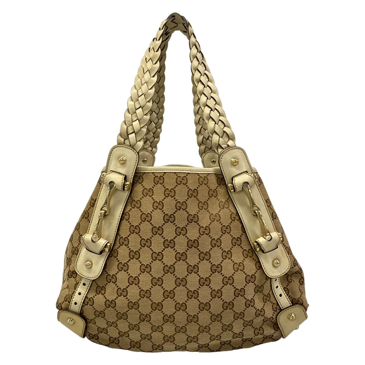 Gucci Tote GG Pattern Horsebit Dark Brown Beige Ivory Leather — view 3
