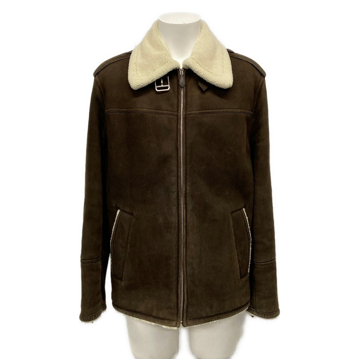 Hermes Jacket 50 XL Dark Brown Ivory Long Sleeve Shearling Zip Up Winter