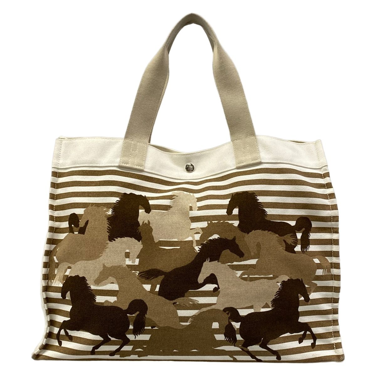Hermes Tote White Brown Multi Hose Print Silver Border