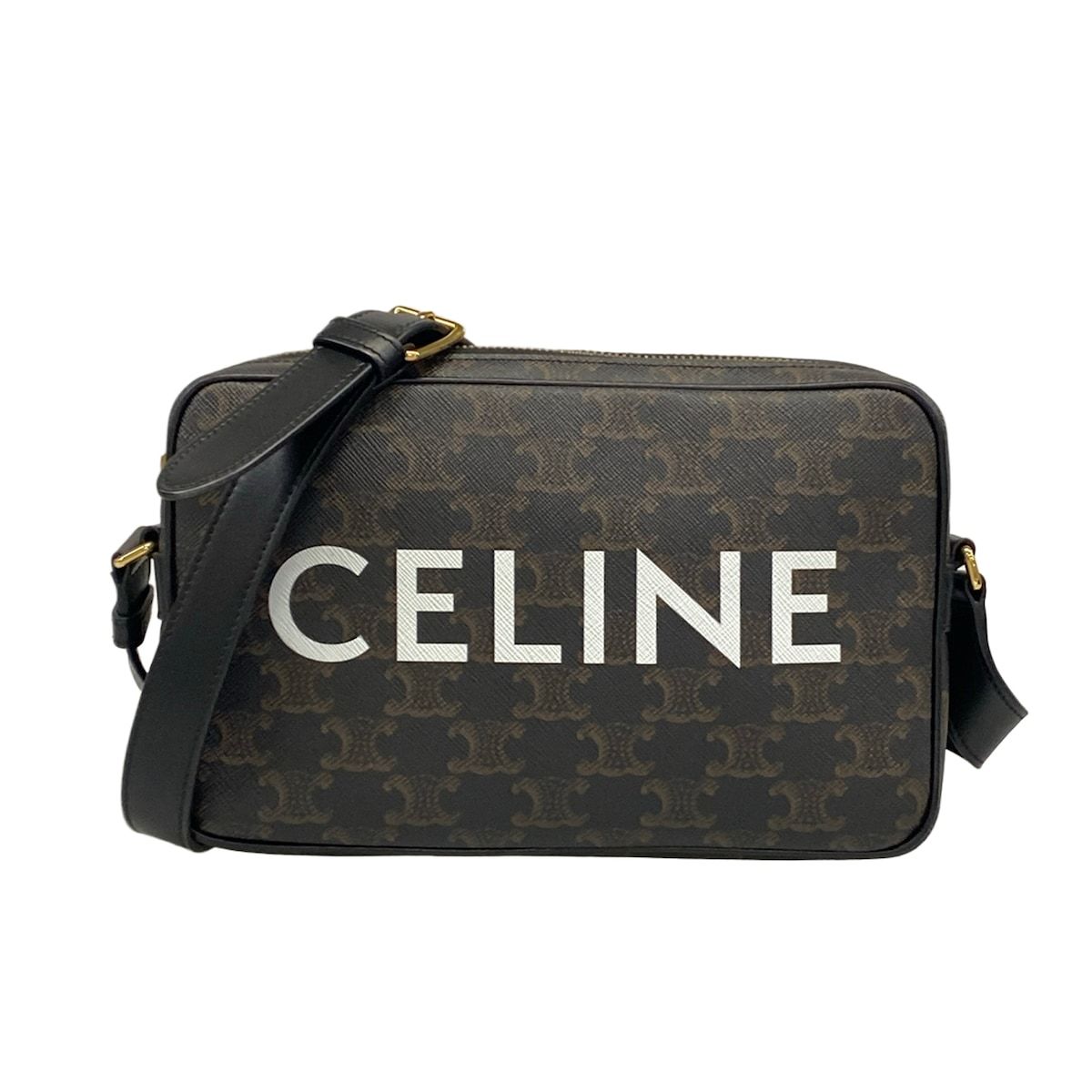 Celine Shoulder Bag Triomphe Canvas Dark Brown Black White Leather