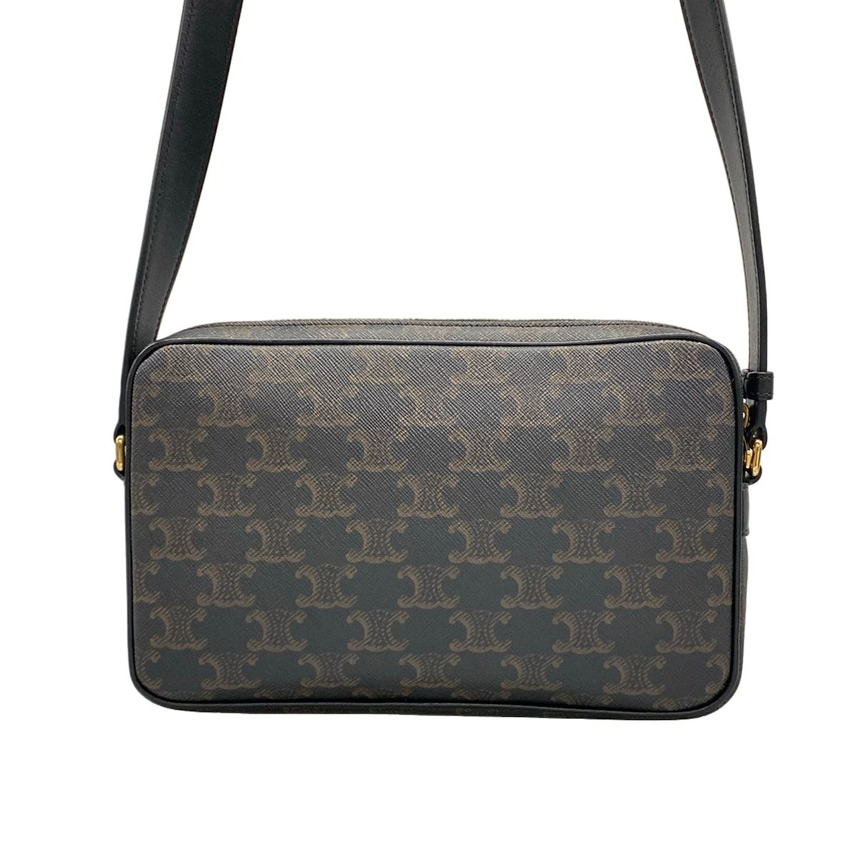 Celine Shoulder Bag Triomphe Canvas Dark Brown Black White Leather — view 3