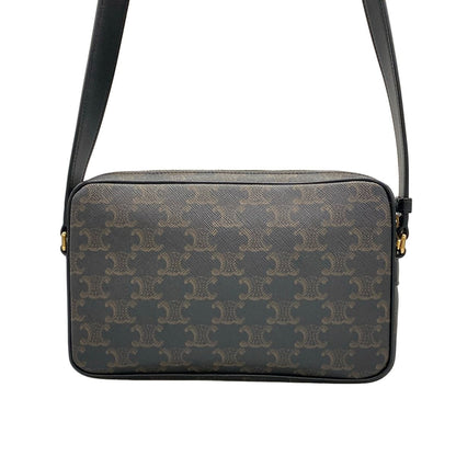 Celine Shoulder Bag Triomphe Canvas Dark Brown Black White Leather — view 3