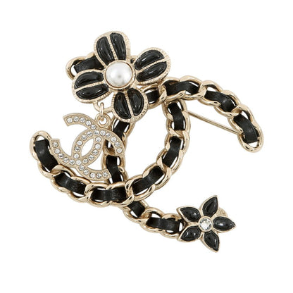 Chanel Brooch CC Logo Flower Rhinestone Faux Pearl Black