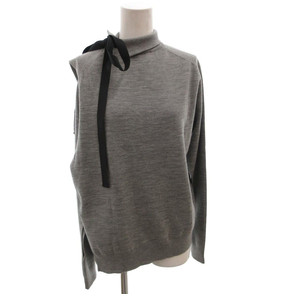 Fendi High Neck Top Knit Side Slit Ribbon Wool Long Sleeve 38 Gray Sweater