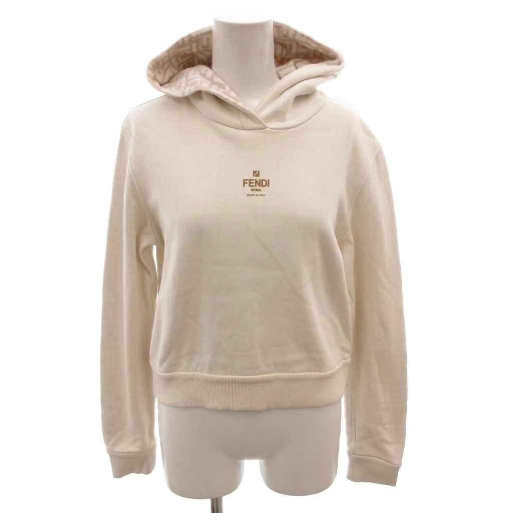 Fendi Hoodie Pullover Lining Zucca Pattern Short Length Long Sleeve XS White