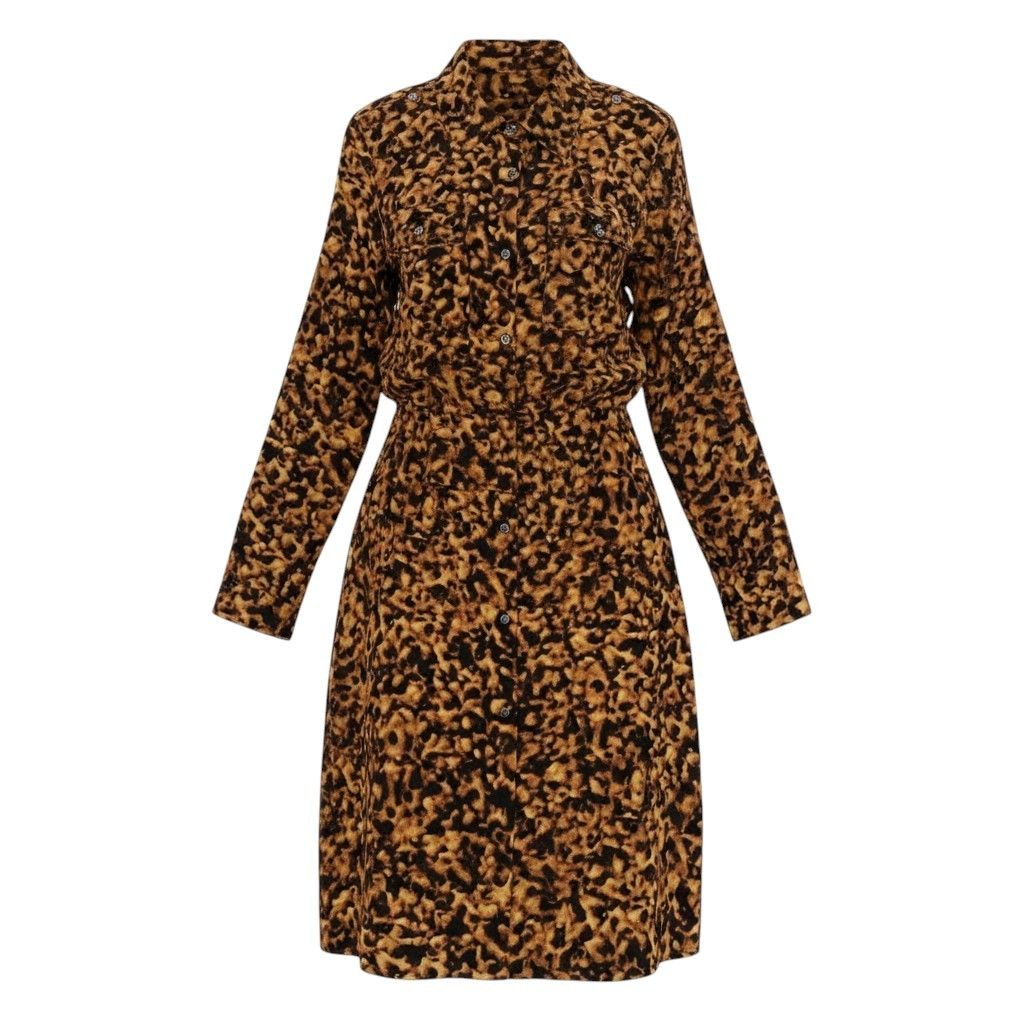 Celine Silk Shirt Long Dress with Scarf Allover Print 40 Brown