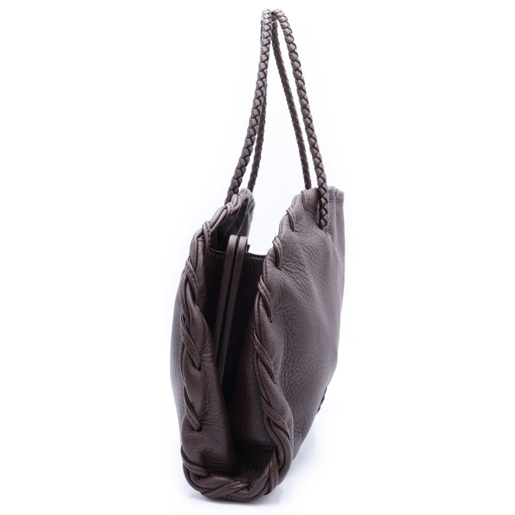 Bottega Veneta Handbag Kiss Lock Intrecciato Tote Brown Leather — view 3
