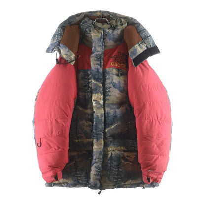 Gucci Logo Embroidery Forest Print All Over Pattern Hooded Down Jacket Beige
