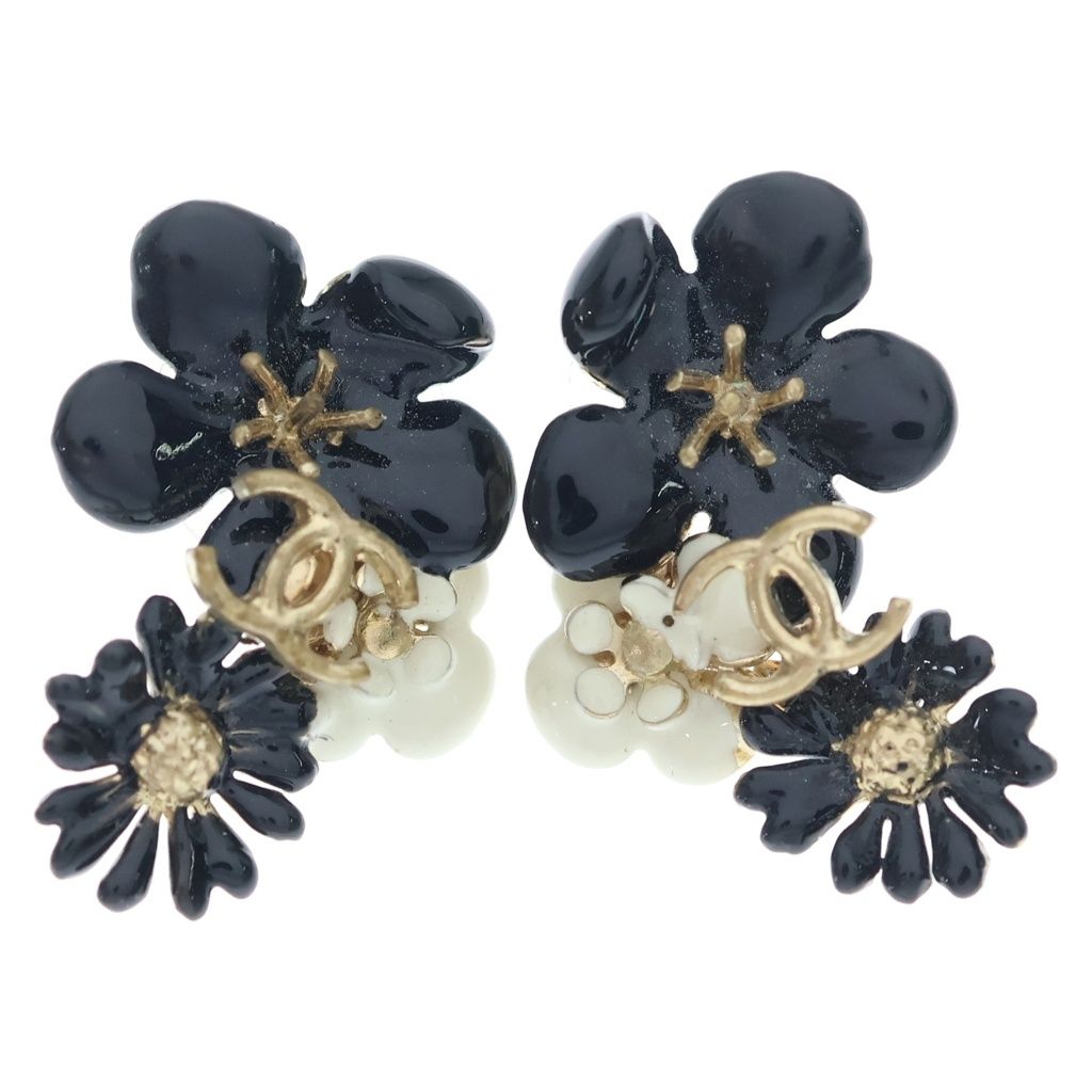 Chanel CC Logo Flower Earrings Black Gold