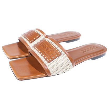 Versace Theia Raffia Flats Sandals Square Toe Leather Brown — view 2
