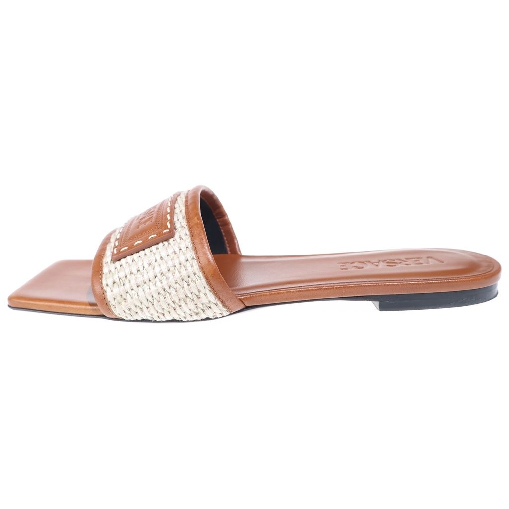 Versace Theia Raffia Flats Sandals Square Toe Leather Brown