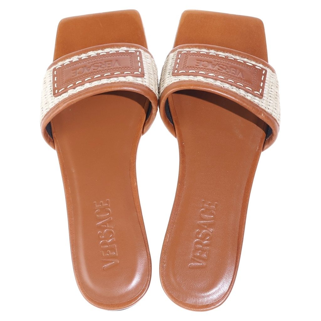 Versace Theia Raffia Flats Sandals Square Toe Leather Brown — view 4