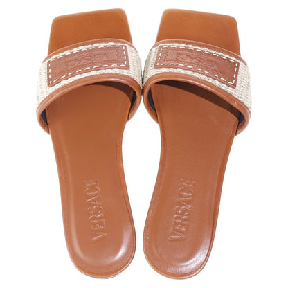 Versace Theia Raffia Flats Sandals Square Toe Leather Brown — view 4