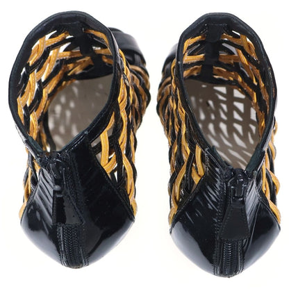 Chanel CC Logo Patent Leather Braided Heels Short Boots Sandals Shoes Black — view 4