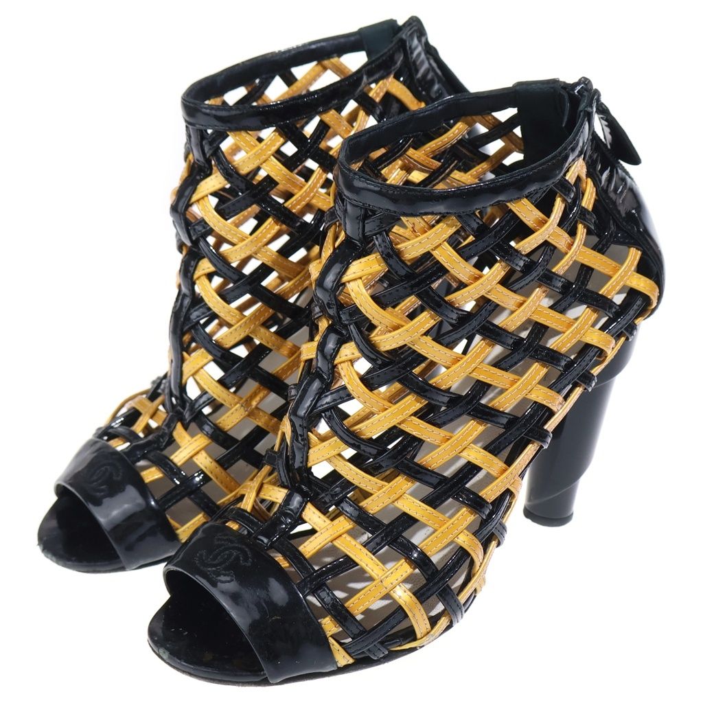 Chanel CC Logo Patent Leather Braided Heels Short Boots Sandals Shoes Black — view 2