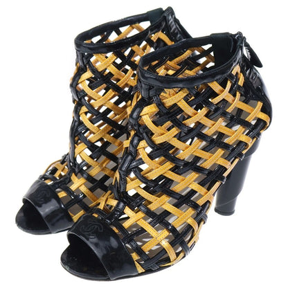 Chanel CC Logo Patent Leather Braided Heels Short Boots Sandals Shoes Black — view 2