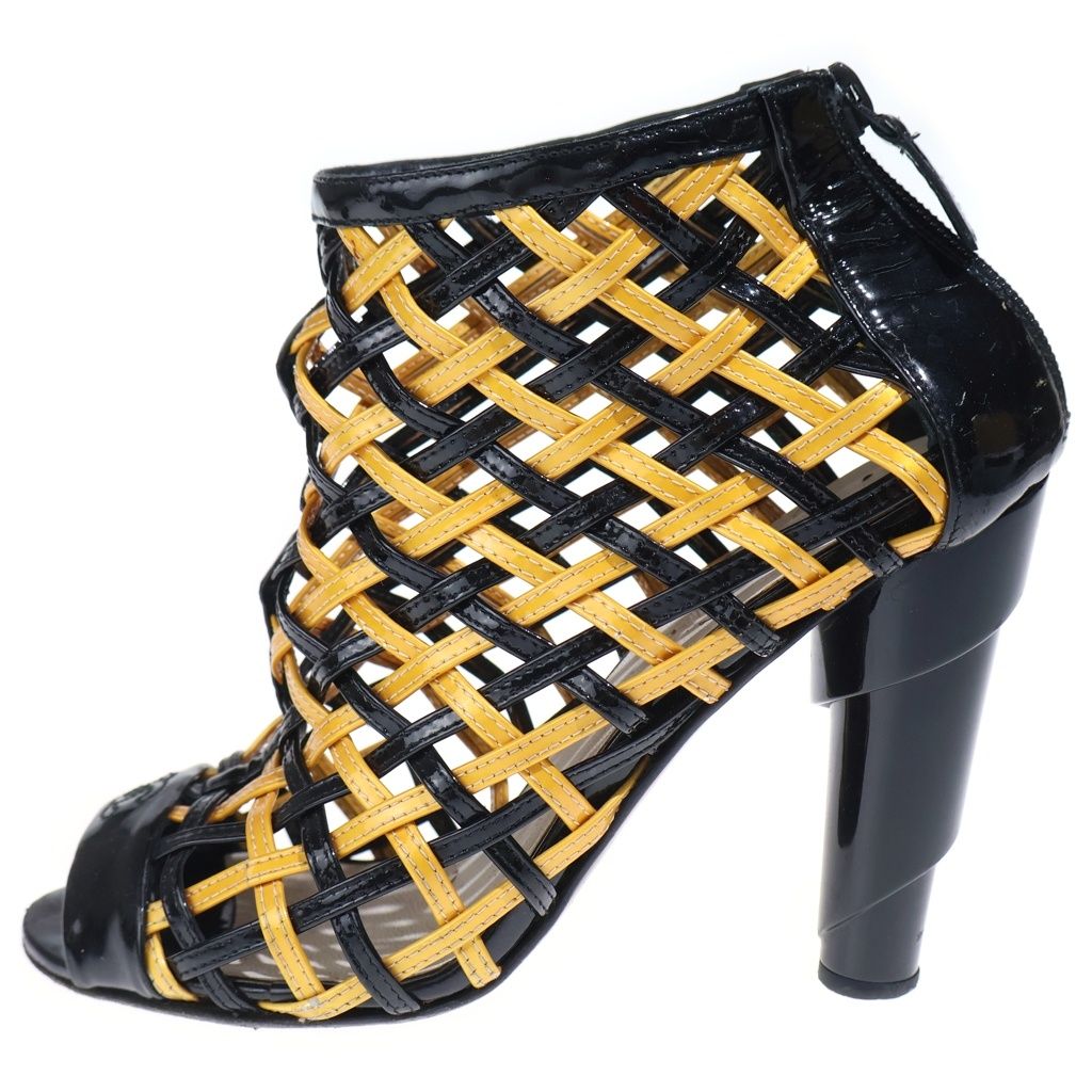 Chanel CC Logo Patent Leather Braided Heels Short Boots Sandals Shoes Black