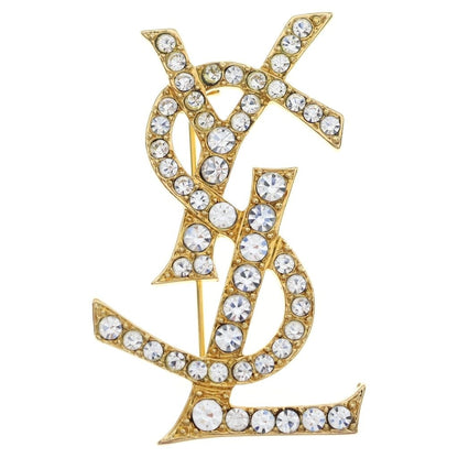 Saint Laurent Paris YSL Cassandra Rhinestone Brooch Gold