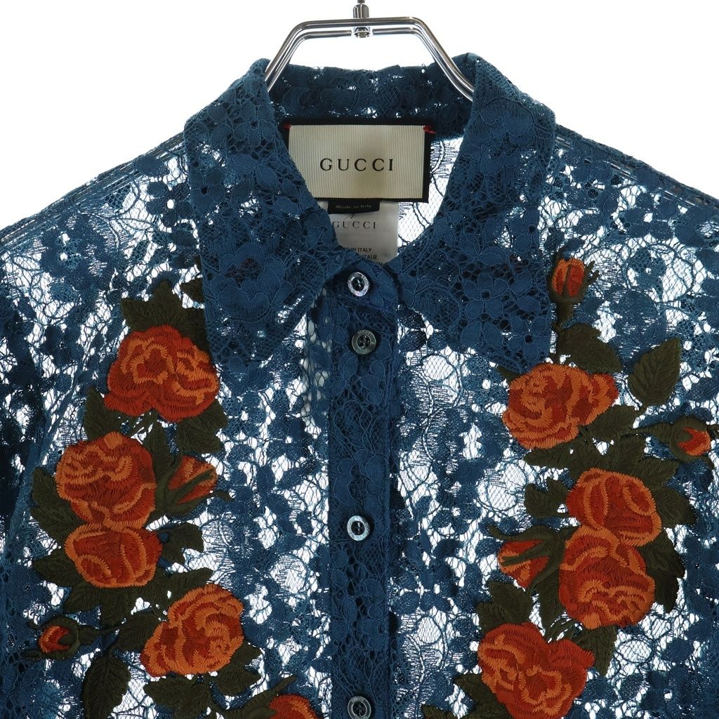 Gucci Floral Shirt Embroidery Lace Long Sleeve Navy — view 3