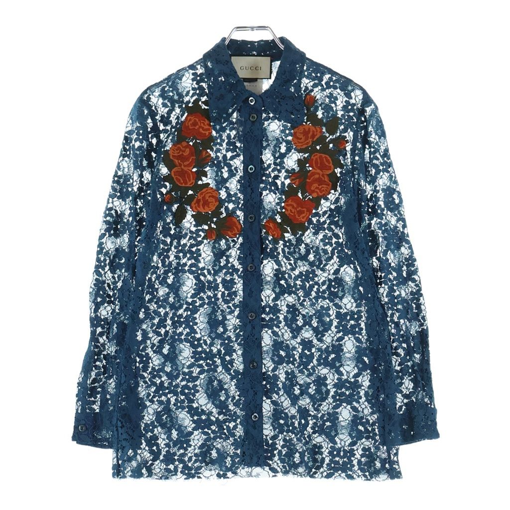 Gucci Floral Shirt Embroidery Lace Long Sleeve Navy
