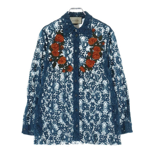 Gucci Floral Shirt Embroidery Lace Long Sleeve Navy