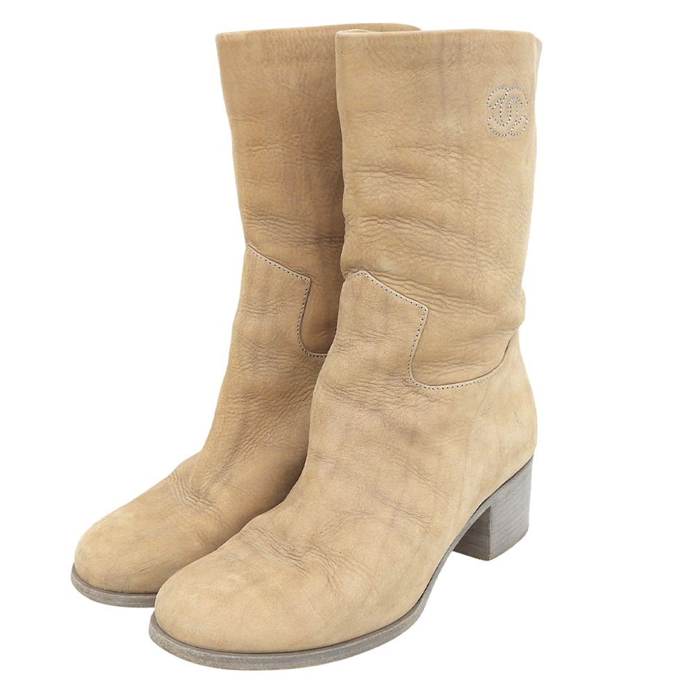 Chanel CC Logo Boots Shoes Lambskin Beige