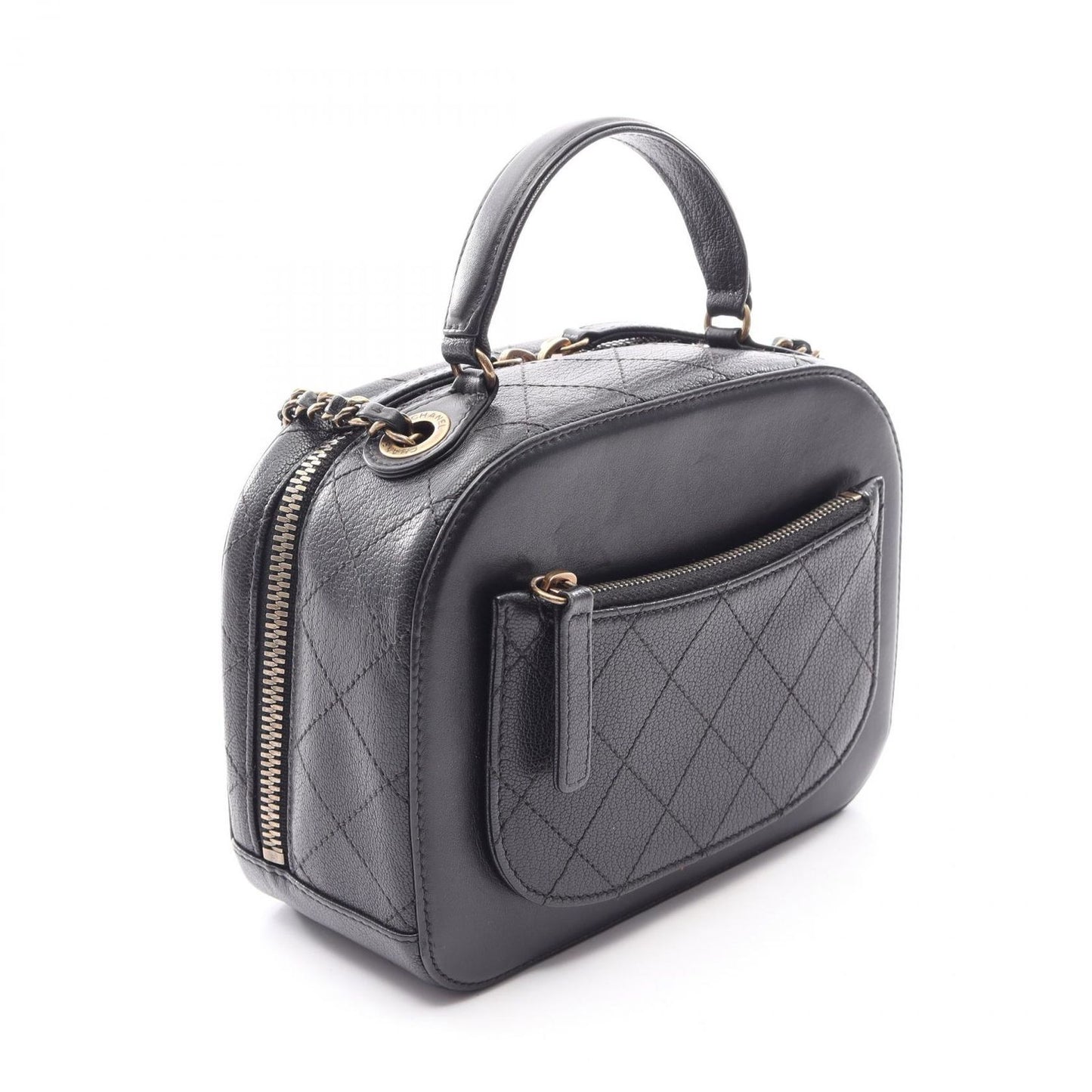 Chanel Shoulder Bag Quilted Vanity 2-Way Black Leather Top Handle Chain — view 2