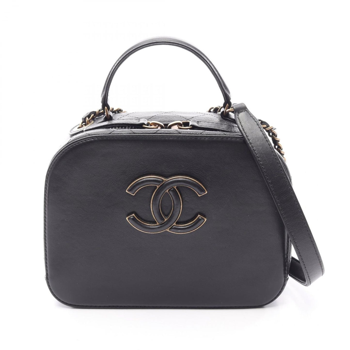 Chanel Shoulder Bag Quilted Vanity 2-Way Black Leather Top Handle Chain