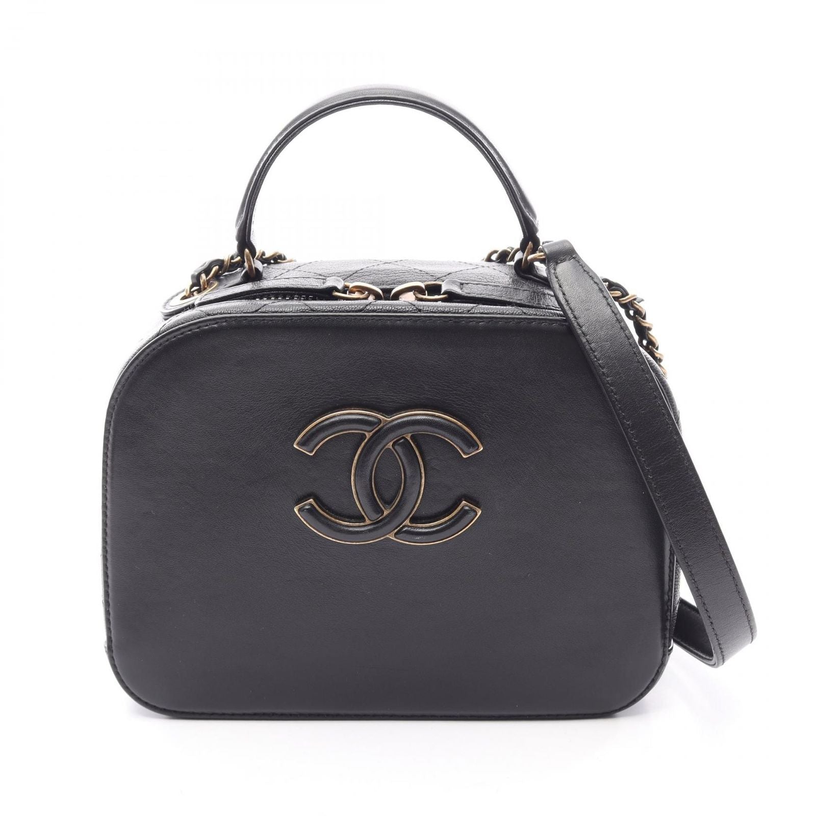 Chanel Shoulder Bag Quilted Vanity 2-Way Black Leather Top Handle Chain
