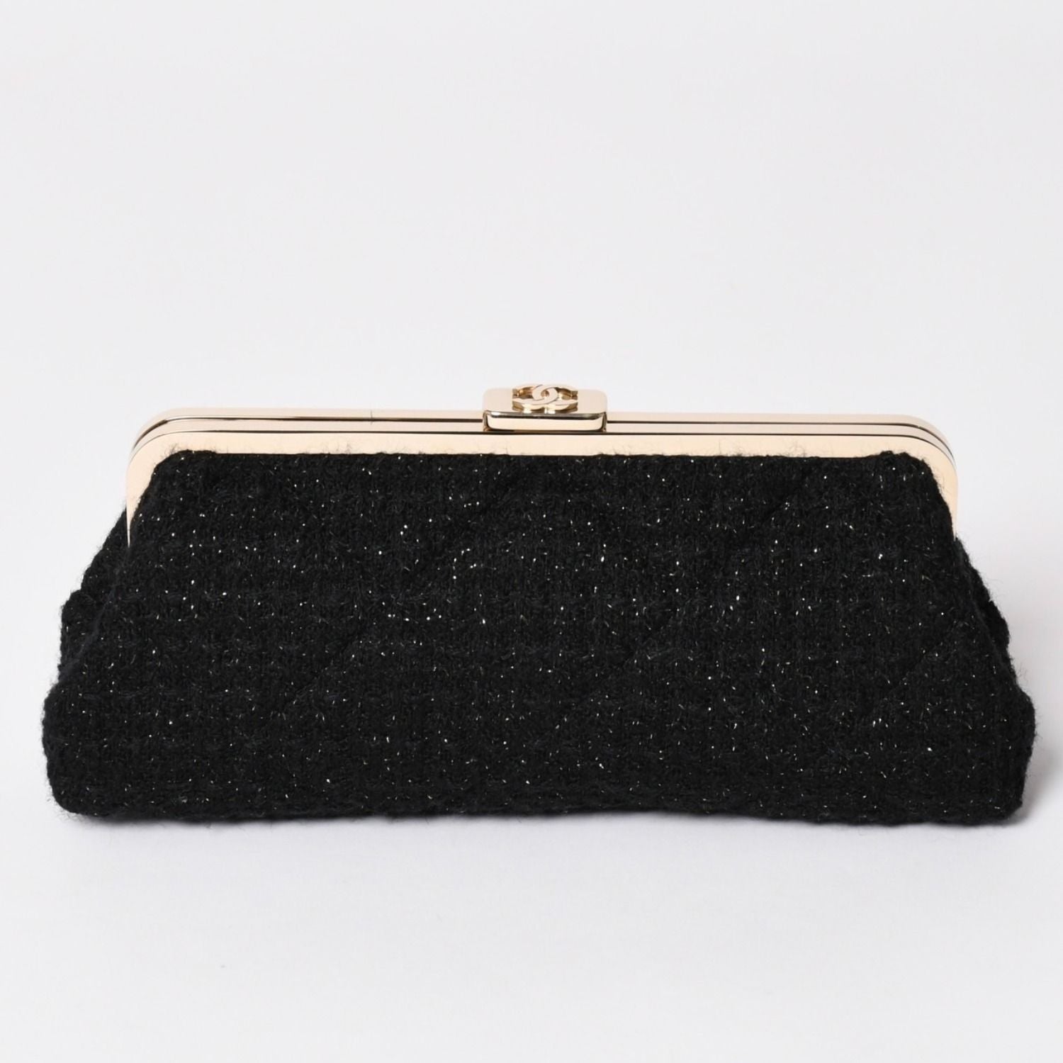 Chanel Clutch Pouch CC Logo Tweed Kiss Lock Black Gold