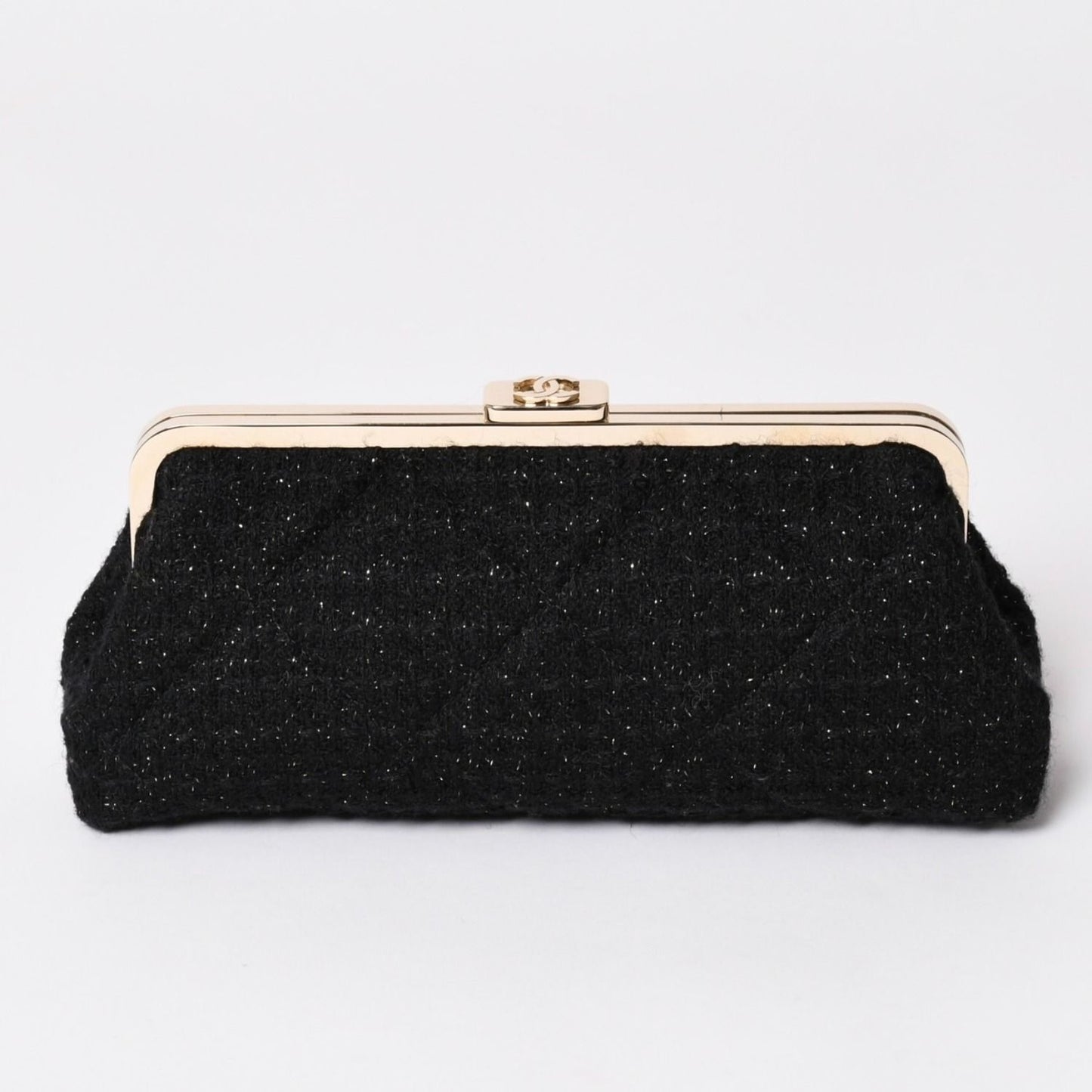 Chanel Clutch Pouch CC Logo Tweed Kiss Lock Black Gold — view 2