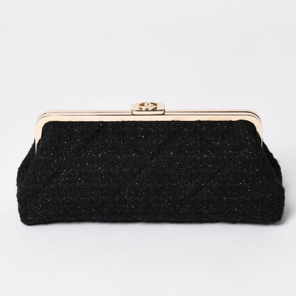 Chanel Clutch Pouch CC Logo Tweed Kiss Lock Black Gold — view 2