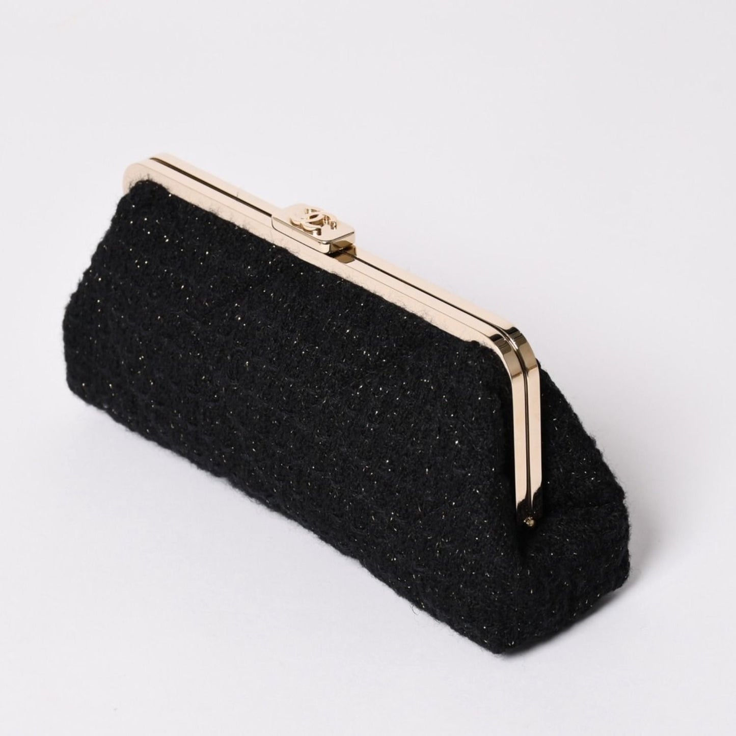 Chanel Clutch Pouch CC Logo Tweed Kiss Lock Black Gold — view 4