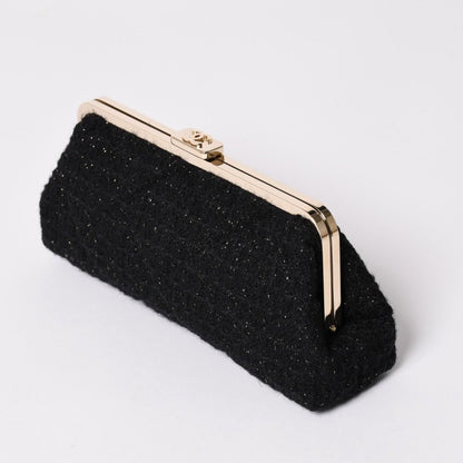 Chanel Clutch Pouch CC Logo Tweed Kiss Lock Black Gold — view 4