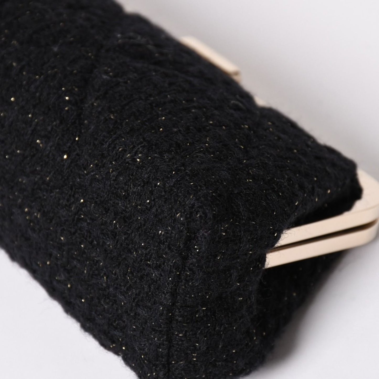 Chanel Clutch Pouch CC Logo Tweed Kiss Lock Black Gold — view 8